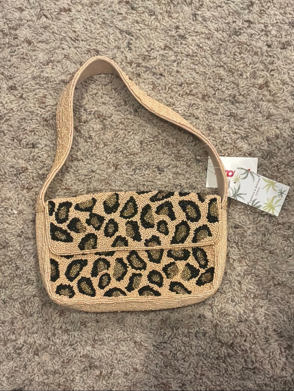 Beaded Leopard Print Shoulder Bag - Tan/Black